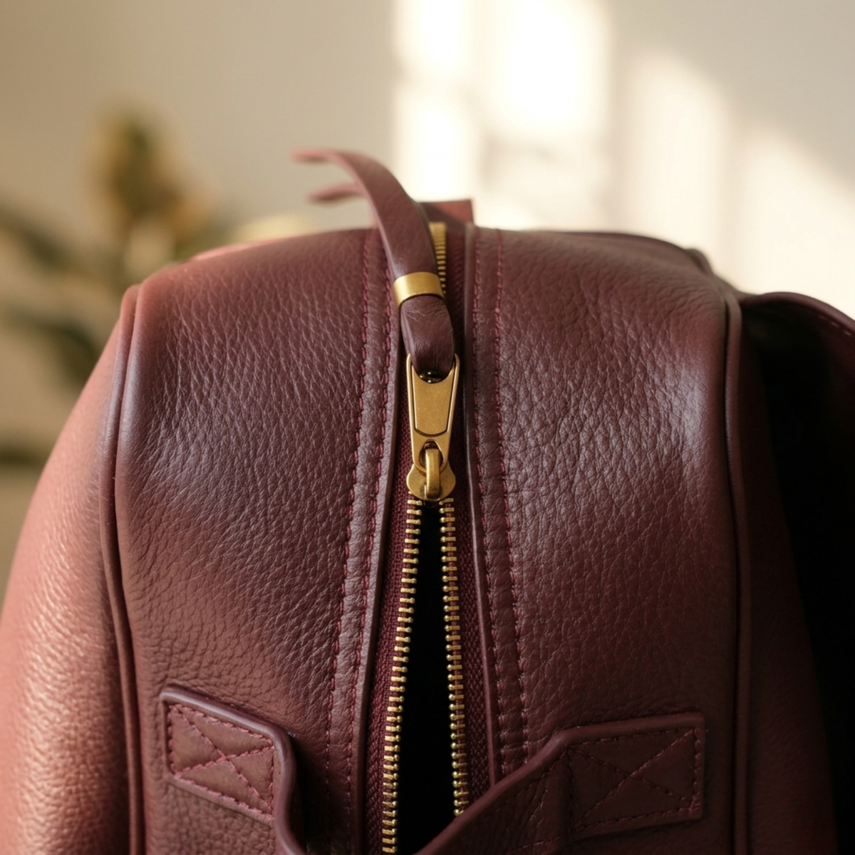 Wine red pebbled leather texture close-up, Amélie Bowling Bag